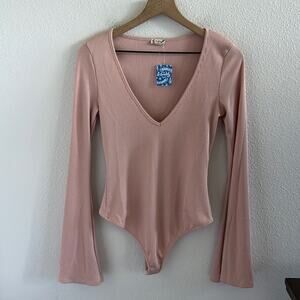 NWT Free People Intimately Charli Bodysuit Mini RIbbed Pink Statement Sleeve S